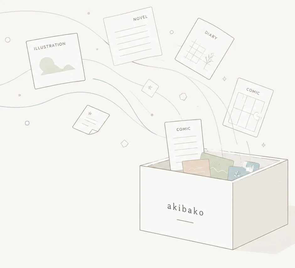散らばったイラスト・小説・日記が、ひとつの箱に集まっていくイラスト